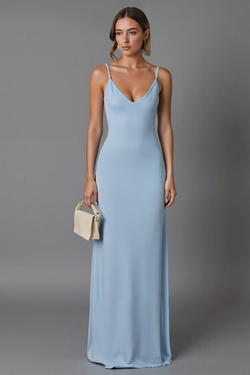 Sky Blue Sheath Chiffon Spaghetti Straps Long Evening Dress